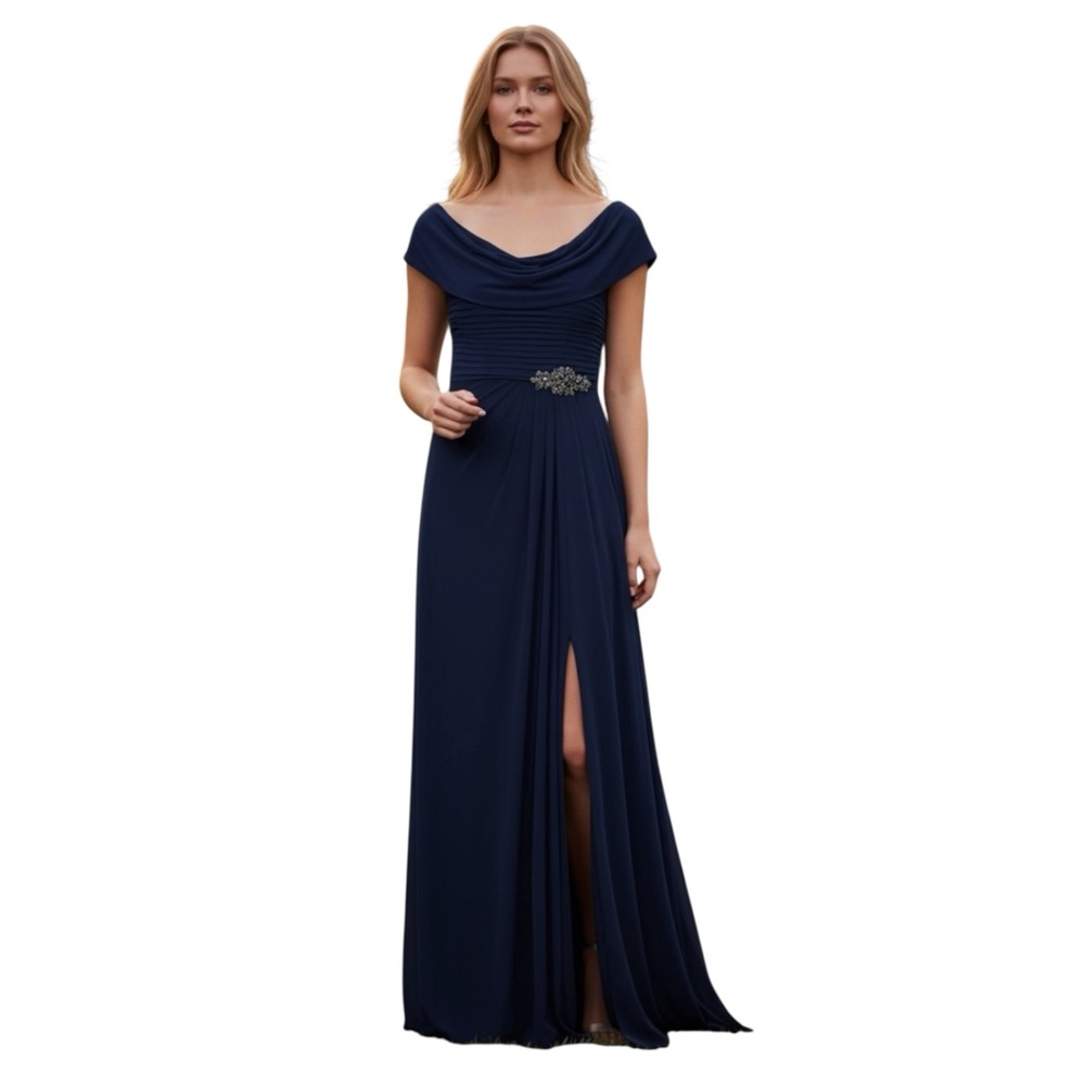 ALEX EVENINGS Cowl Neck Beaded Waist‎ Maci Gown, Sleeveless, Navy Blue